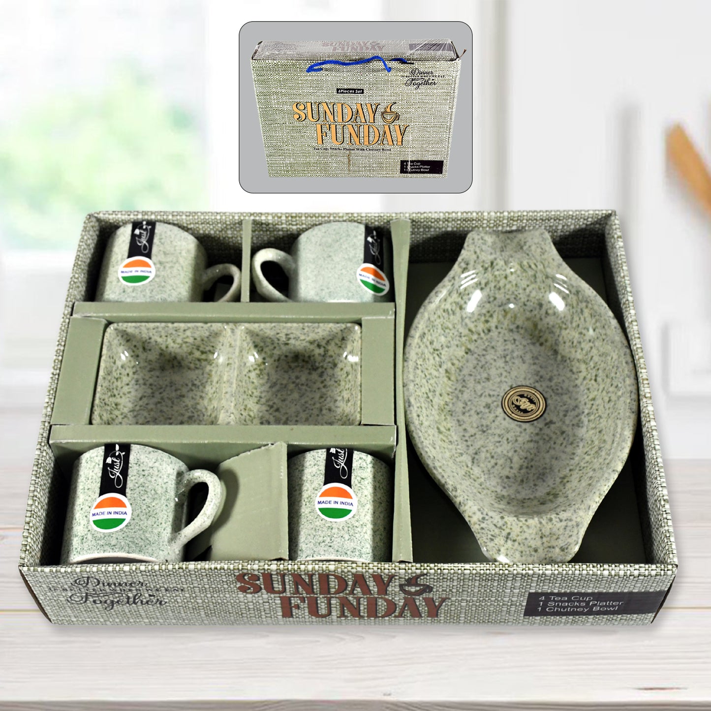 Sunday Funday Ceramic Tea Cups Mug With Plastic Snacks Platter And 2 Compartment Chutney Bowl Milk Cup Coffee Cup Breakfast Cup Drinking Mug Or Outdoor For Household Gift For Birthday Wedding Party (6 Pcs Set)