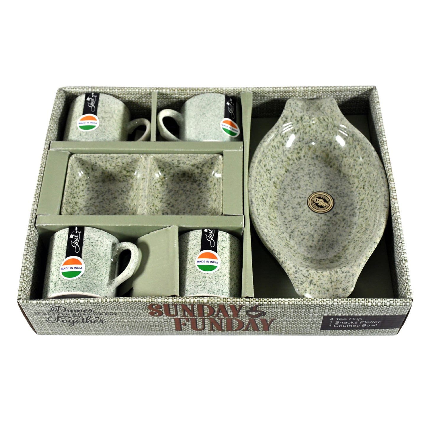 Sunday Funday Ceramic Tea Cups Mug With Plastic Snacks Platter And 2 Compartment Chutney Bowl Milk Cup Coffee Cup Breakfast Cup Drinking Mug Or Outdoor For Household Gift For Birthday Wedding Party (6 Pcs Set)