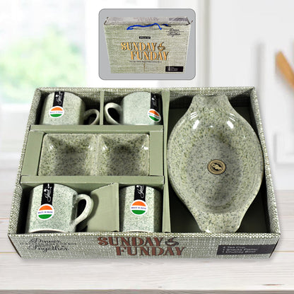 Sunday Funday Ceramic Tea  Cups  Mug With Plastic Snacks Platter And 2 Compartment Chutney Bowl Milk Cup Coffee Cup Breakfast Cup Drinking Mug Or Outdoor For Household Gift For Birthday Wedding Party (6 Pcs Set)