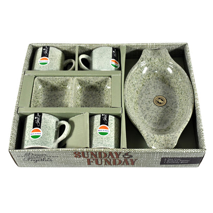 Sunday Funday Ceramic Tea  Cups  Mug With Plastic Snacks Platter And 2 Compartment Chutney Bowl Milk Cup Coffee Cup Breakfast Cup Drinking Mug Or Outdoor For Household Gift For Birthday Wedding Party (6 Pcs Set)