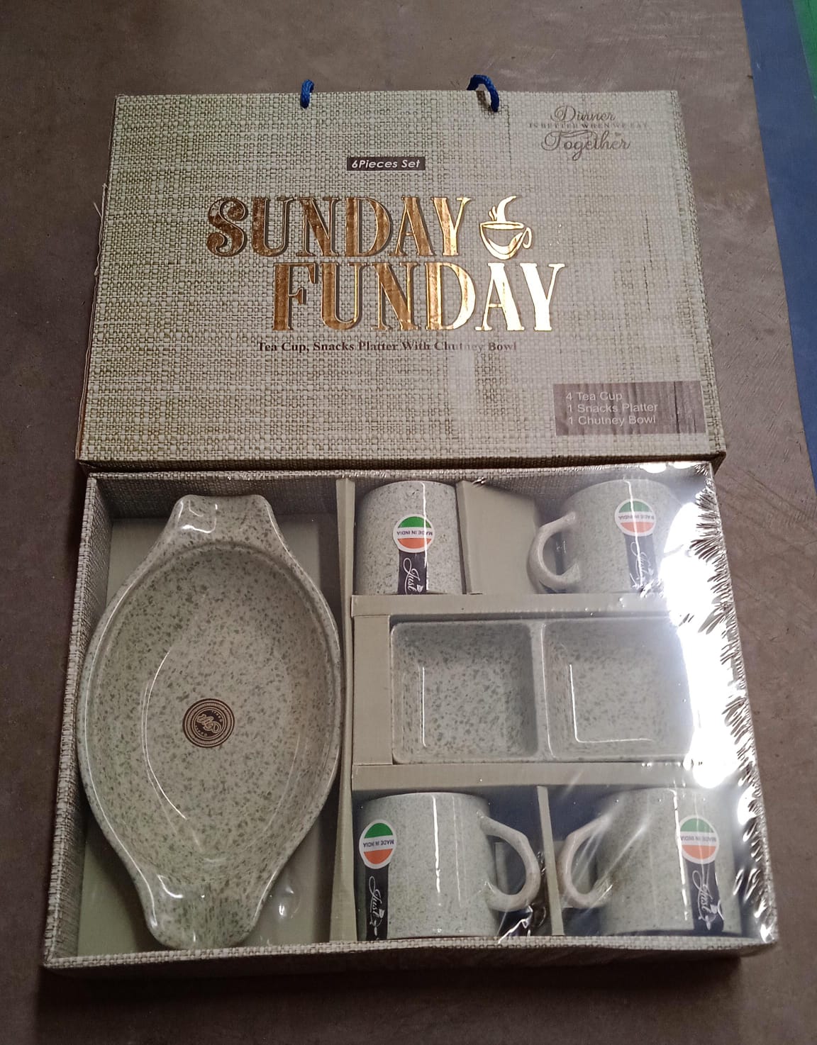 Sunday Funday Ceramic Tea  Cups  Mug With Plastic Snacks Platter And 2 Compartment Chutney Bowl Milk Cup Coffee Cup Breakfast Cup Drinking Mug Or Outdoor For Household Gift For Birthday Wedding Party (6 Pcs Set)