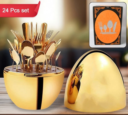 Premium Cutlery Set 24 Pcs With Oval Shaped Stand  Beautiful Stylish Oval Designed Cutlery Sets Egg-shaped Luxury Spoon Holder Set (Golden  24 Pcs Set)