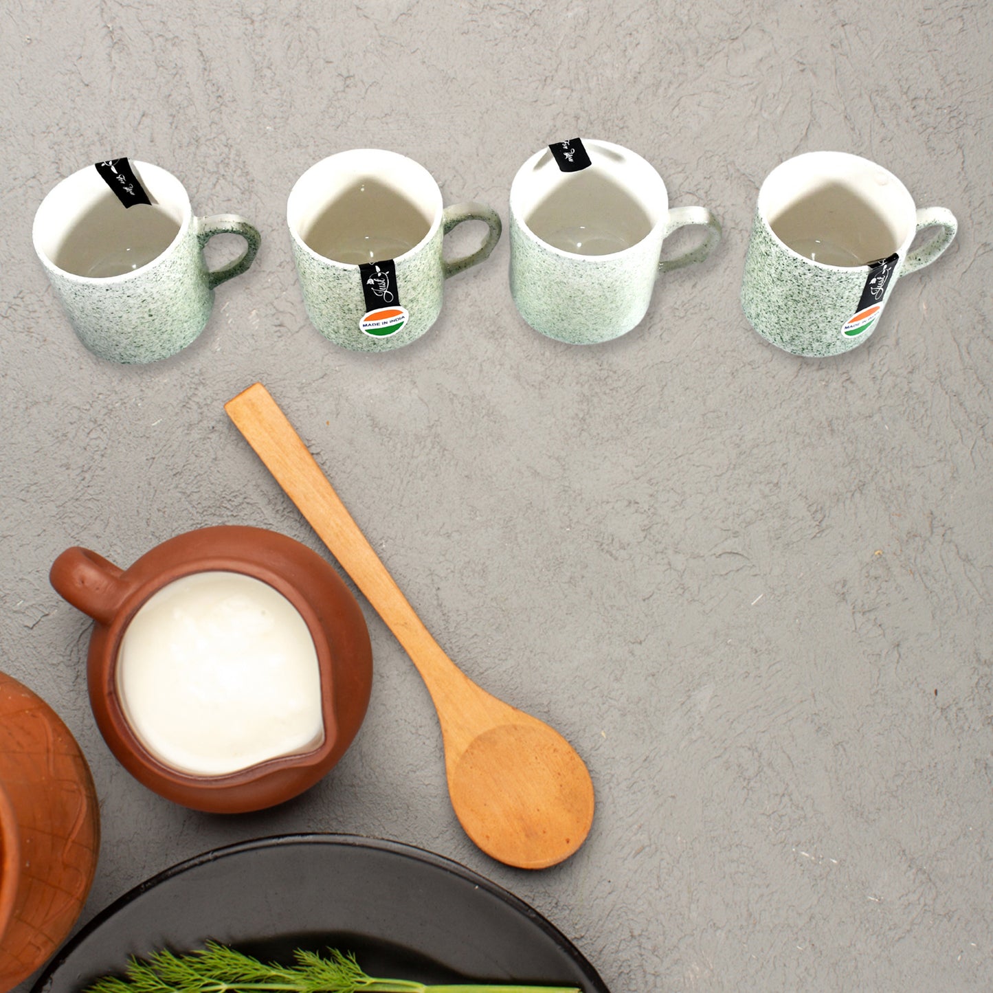Sunday Funday Ceramic Tea  Cups  Mug With Plastic Snacks Platter And 2 Compartment Chutney Bowl Milk Cup Coffee Cup Breakfast Cup Drinking Mug Or Outdoor For Household Gift For Birthday Wedding Party (6 Pcs Set)