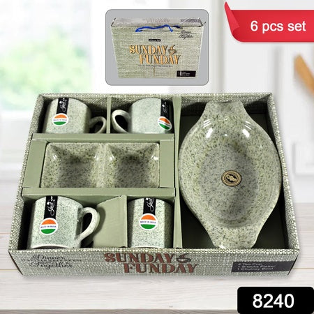 Sunday Funday Ceramic Tea  Cups  Mug With Plastic Snacks Platter And 2 Compartment Chutney Bowl Milk Cup Coffee Cup Breakfast Cup Drinking Mug Or Outdoor For Household Gift For Birthday Wedding Party (6 Pcs Set)
