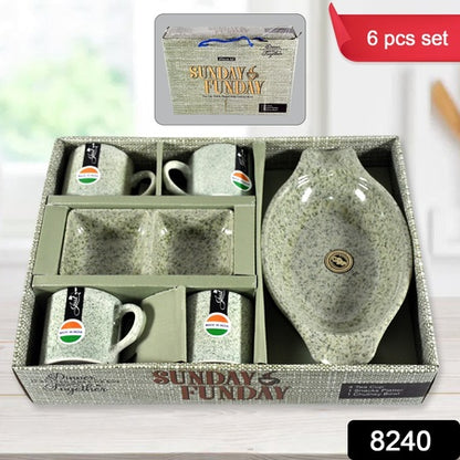 Sunday Funday Ceramic Tea  Cups  Mug With Plastic Snacks Platter And 2 Compartment Chutney Bowl Milk Cup Coffee Cup Breakfast Cup Drinking Mug Or Outdoor For Household Gift For Birthday Wedding Party (6 Pcs Set)